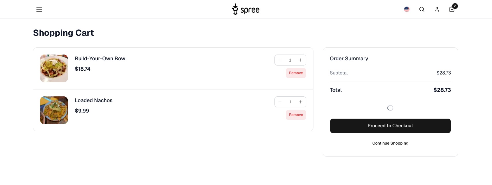 Shopping cart with both items and a $28.73 subtotal