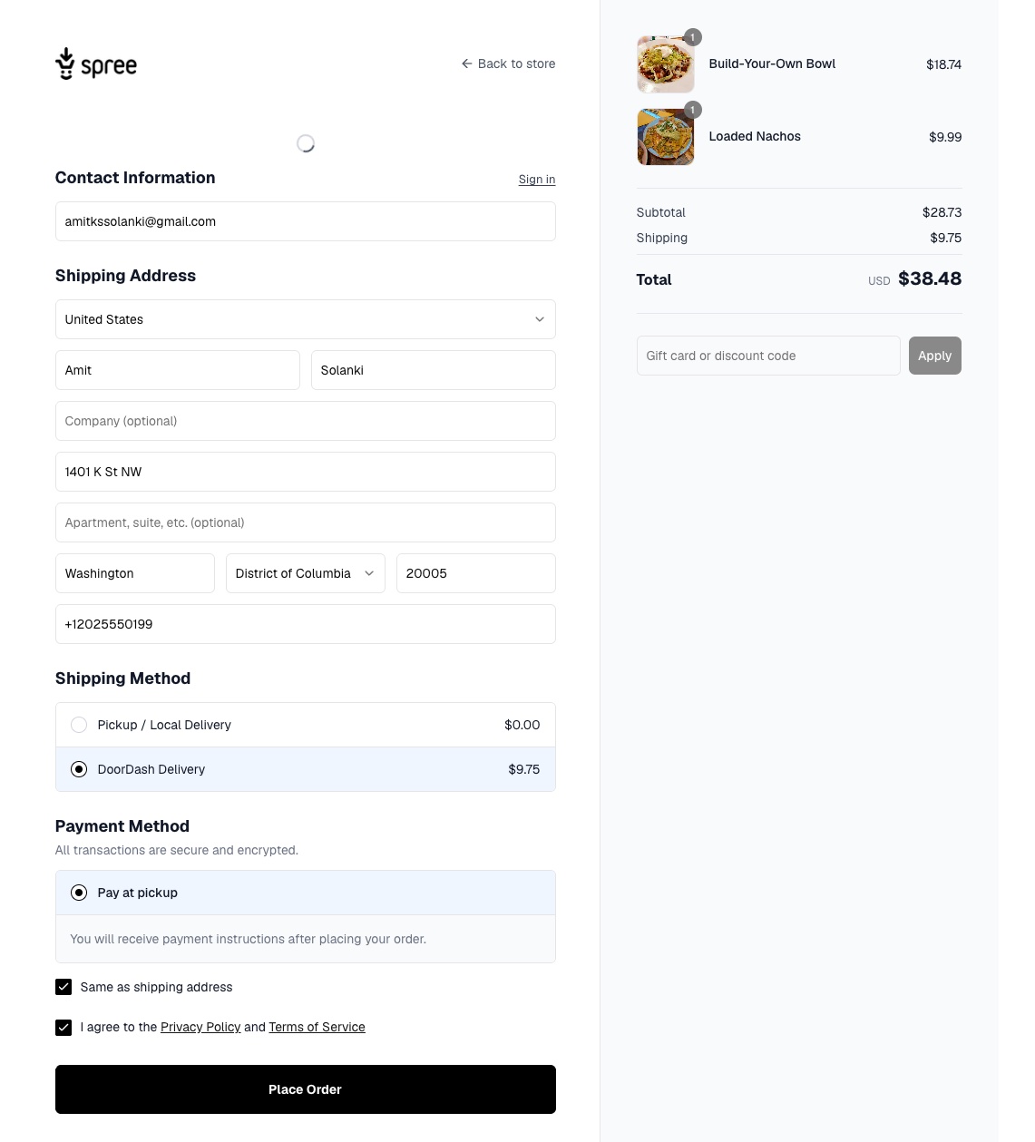 Spree checkout with DoorDash Delivery selected, a live $9.75 quote, shipping method and payment sections visible