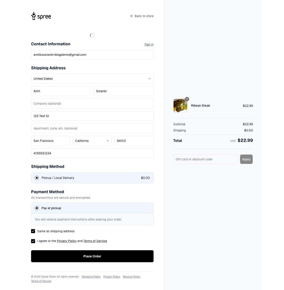 Spree checkout form with shipping and payment sections filled in
