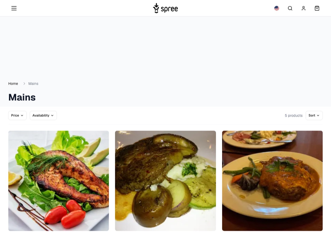 Mains category page on the storefront, five items sourced from Square