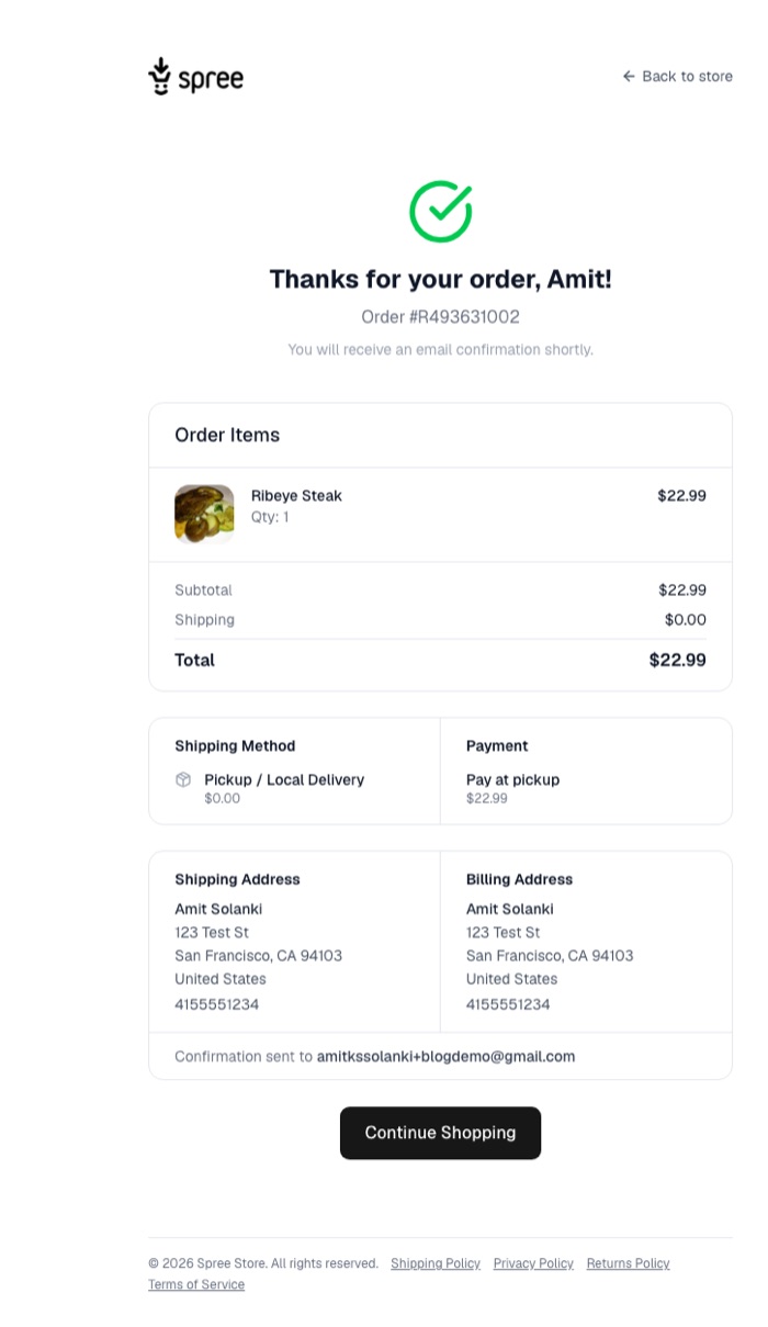 Order confirmation page showing order number, items, and total
